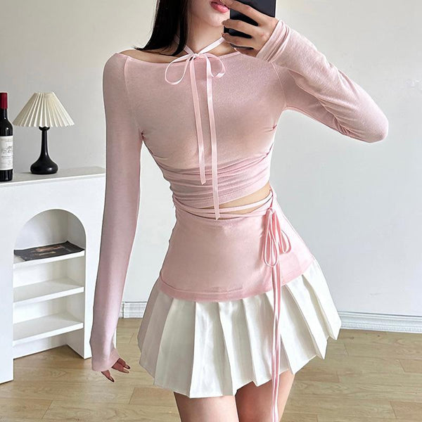 Long sleeve halter ribbon round neck top