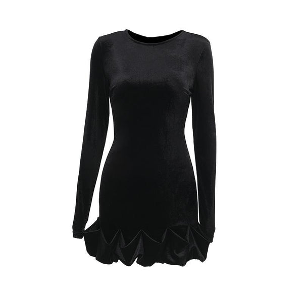 Long sleeve crewneck velvet ruffle mini dress