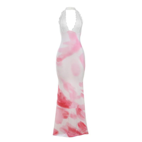 Halter lace deep v neck tie dye maxi dress