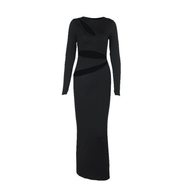 Long sleeve crewneck hollow out maxi dress