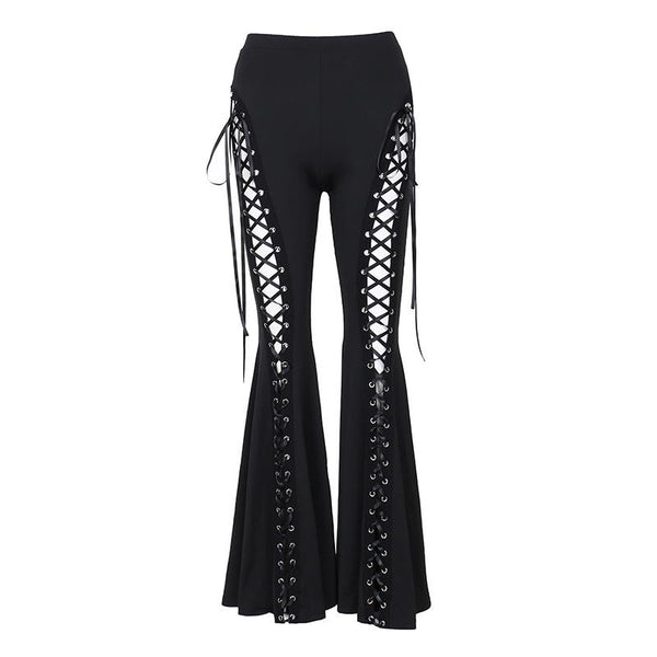 Lace up hollow out ribbon high rise pant