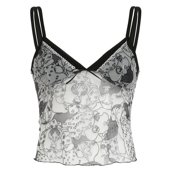 Bowknot mesh patchwork ruffle print cami top