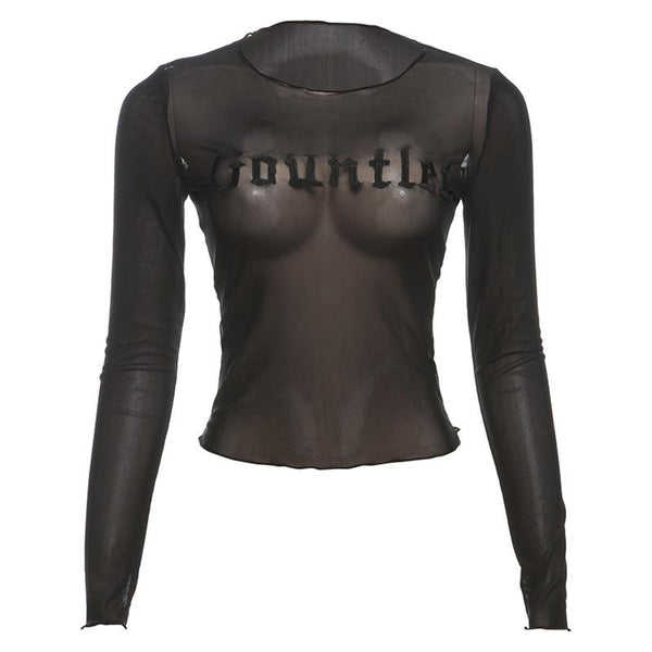 Long sleeve round neck letter sheer mesh top