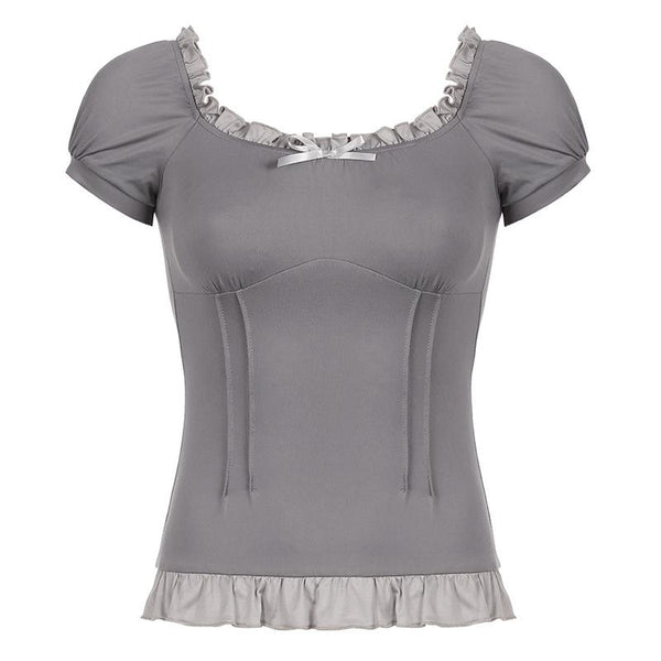 Short puff sleeve stitch ruffle bowknot top