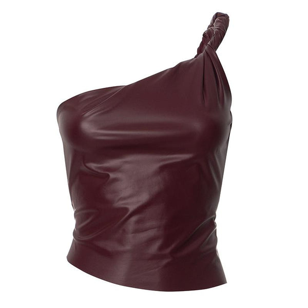 One shoulder PU leather ruched backless top
