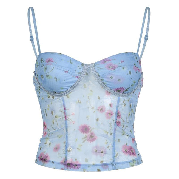 Mesh flower print stitch bustier lace hem cami top