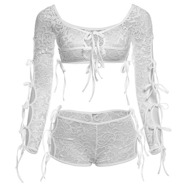 Long sleeve self tie lace see through hollow out pant set