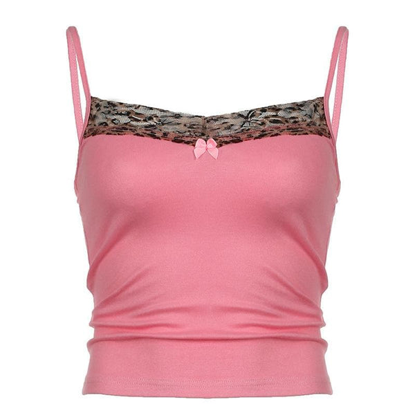 Lace hem bowknot backless contrast cami top