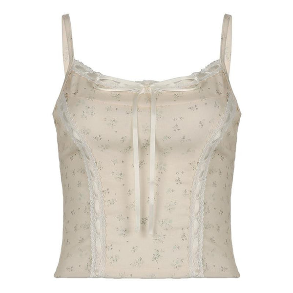 Lace hem bowknot ribbon print stitch cami top