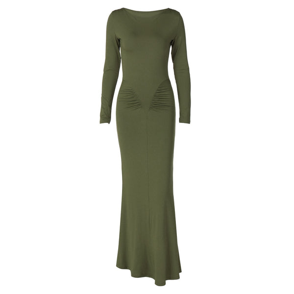 Long sleeve crewneck ruched solid maxi dress