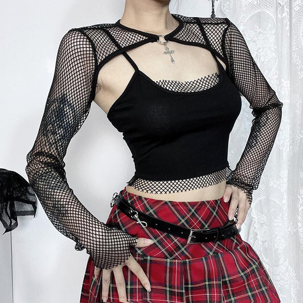 Long sleeve fishnet shrug cross applique 2 piece top