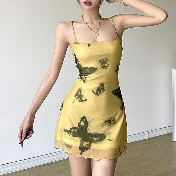 Cross back square neck butterfly print ruffle mini dress