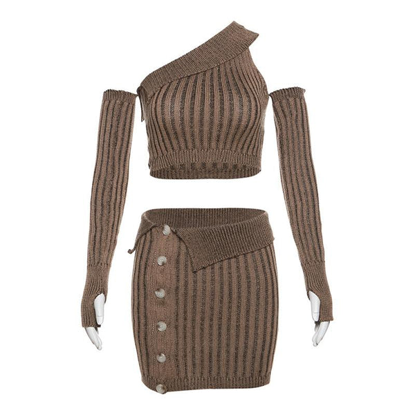 Gloves one shoudler button knitted mini skirt set