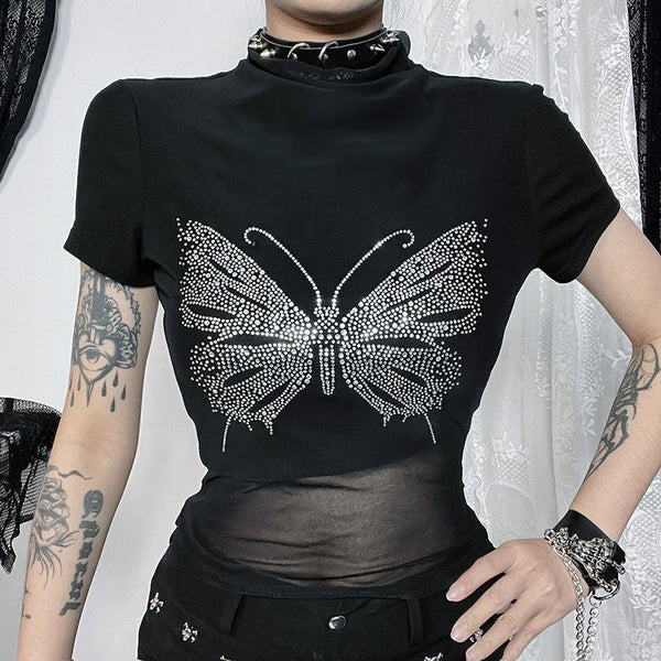 Short sleeve high neck butterfly beaded top