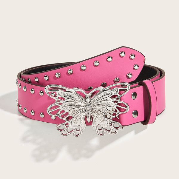 Silver butterfly hollow out beaded PU leather belt