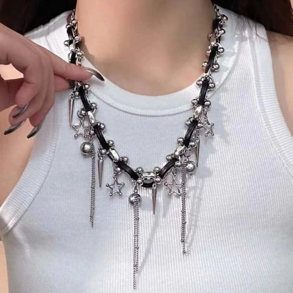 Beaded star rivet tassels PU leather necklace
