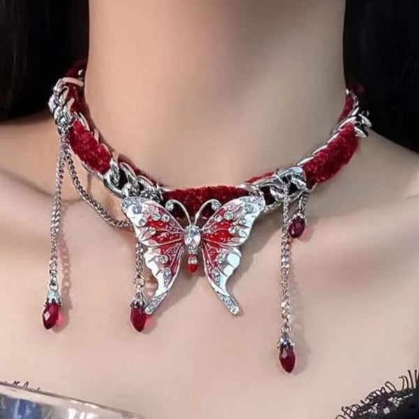 Red butterfly pendant fluffy choker necklace