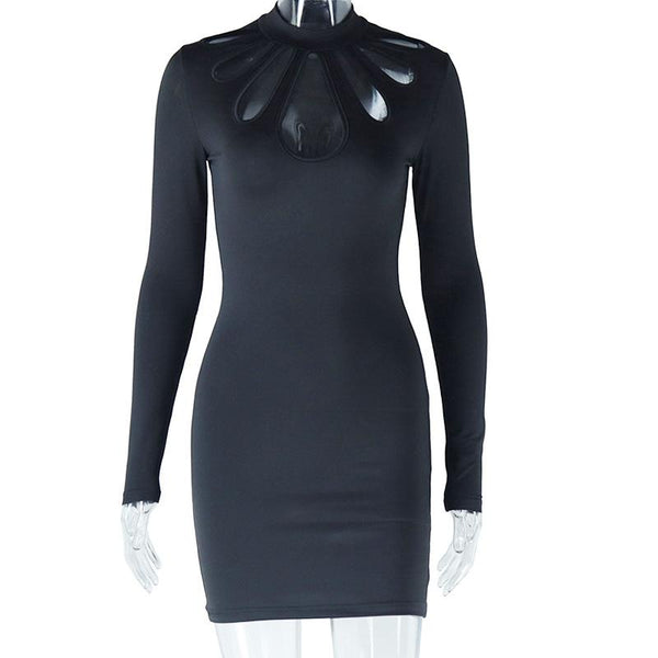 Long sleeve crewneck hollow out mini dress