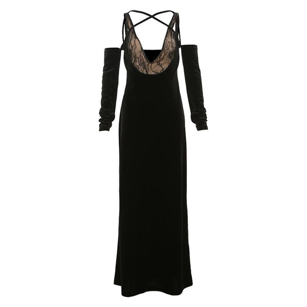 Off shoulder v neck velvet lace hem cami maxi dress