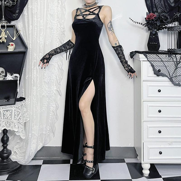 Velvet high slit pentacle pattern buckle cami maxi dress