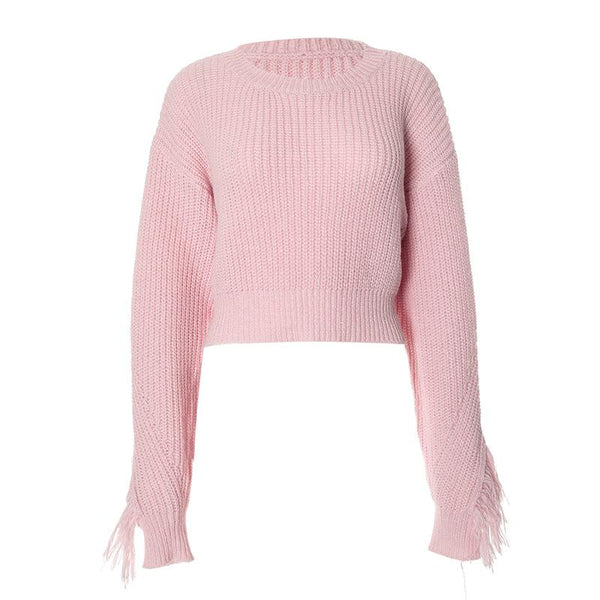 Long sleeve crewneck tassels knitted top