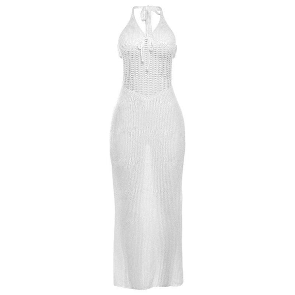 Knitted hollow out see through halter cut out maxi dress