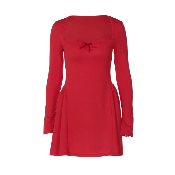 Long sleeve bowknot solid ruched mini dress