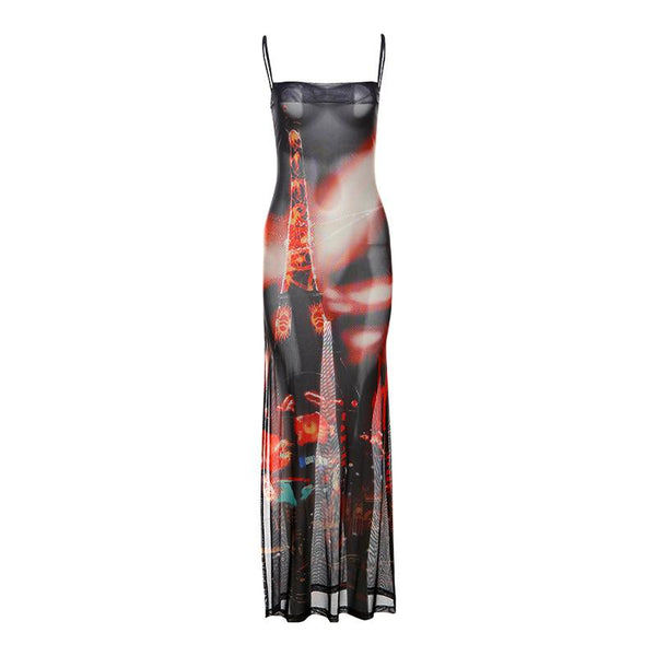 Abstract mesh high slit cami maxi dress