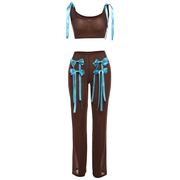 Bowknot applique sheer mesh self tie tank pant set