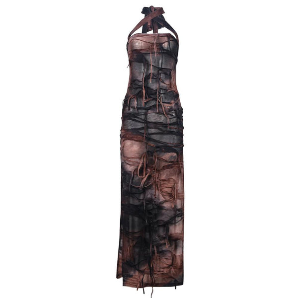 Halter tie dye high slit cross front maxi dress