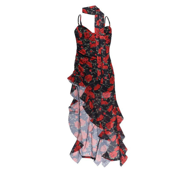 Sweetheart neck ruffle print irregular cami midi dress