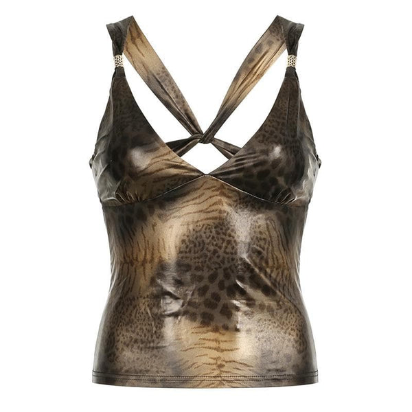 Leopard print v neck metallic cross back cami top