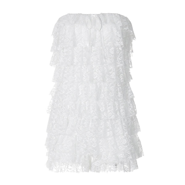 Bowknot lace backless ruffle tube mini dress