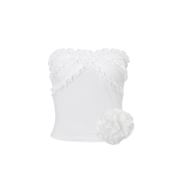 Flower applique ruffle ruched solid tube top