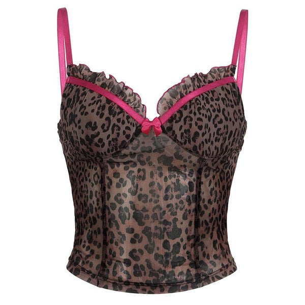 Bowknot ruffle leopard print mesh cami top