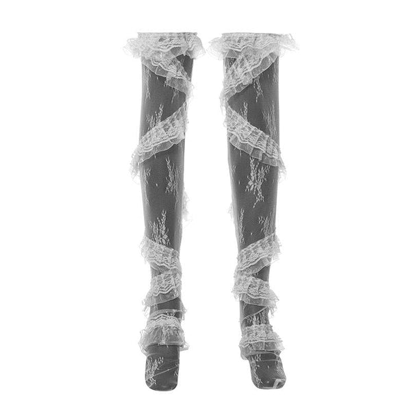 Lace ruffle solid stitch thigh high socks