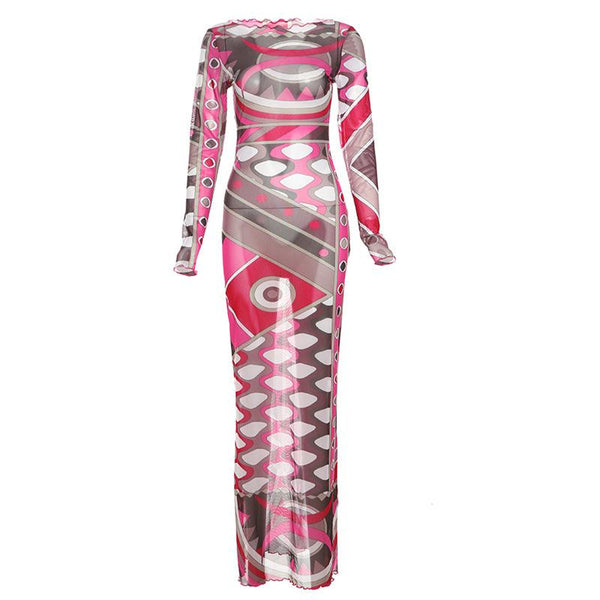 Long sleeve ruffle abstract mesh maxi dress