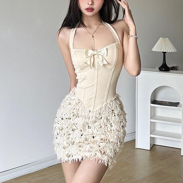 Halter bowknot feather glitter bustier beaded mini dress