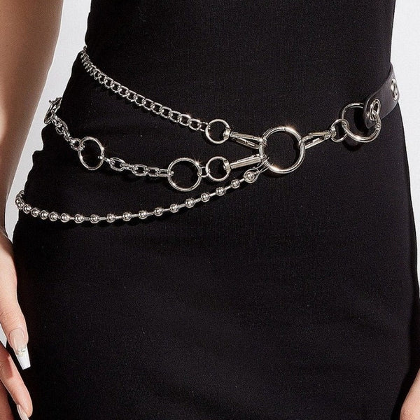 O ring PU leather beaded layered waist chain