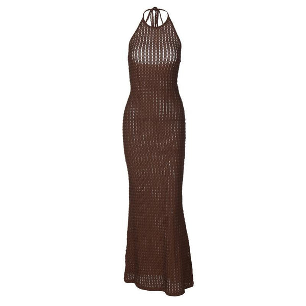 Halter textured see through backless maxi dress