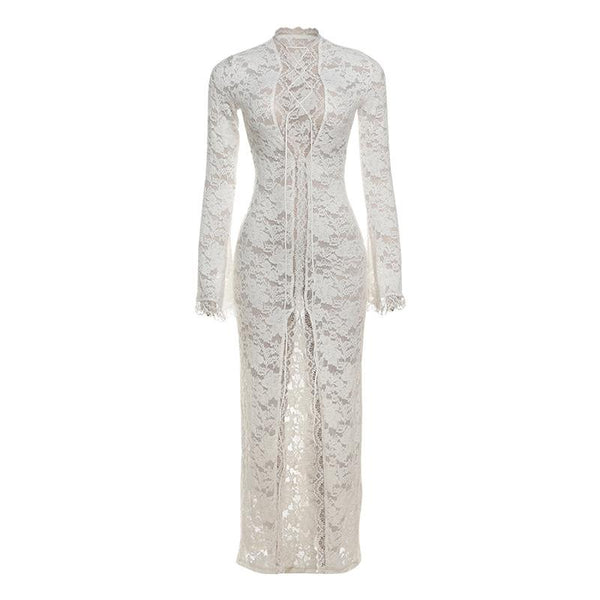 Long sleeve lace cross front slit maxi dress