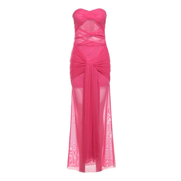 Mesh ruched hollow out see through tube cut out maxi dress