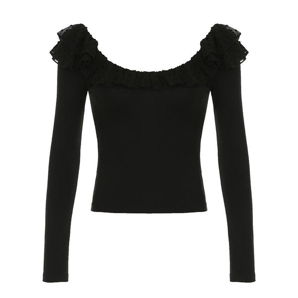 Long sleeve ruffle mesh patchwork top