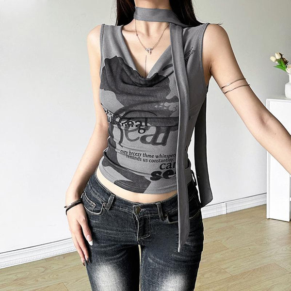 Cowl neck letter print sleeveless contrast crop top