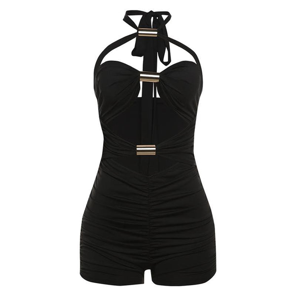 Ruched halter self tie hollow out backless solid romper