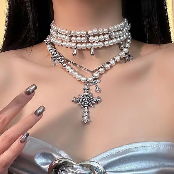 Faux pearl cross rose 3 pcs necklace