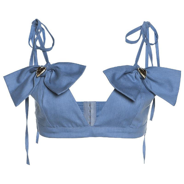 Bowknot v neck denim knotted button cami top