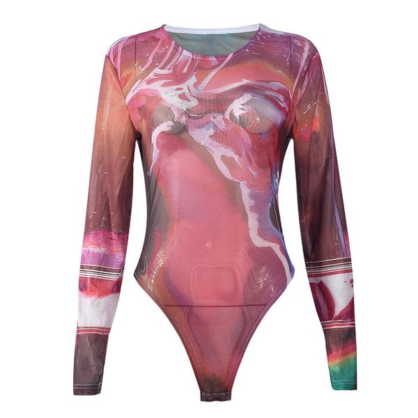 Long sleeve sheer mesh crewneck print bodysuit