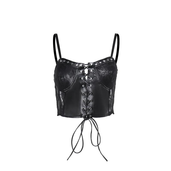 Lace up PU leather patchwork lace rivet cami top