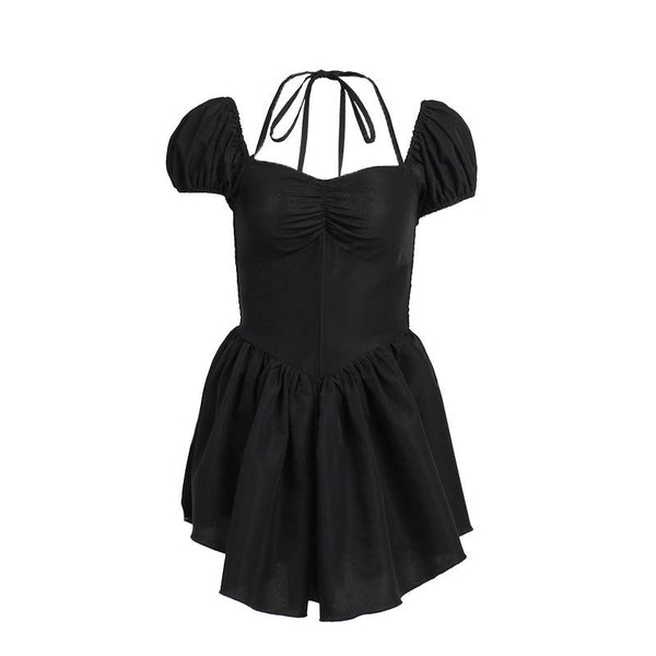 Short puff sleeve sweetheart neck ruched halter smocked mini dress